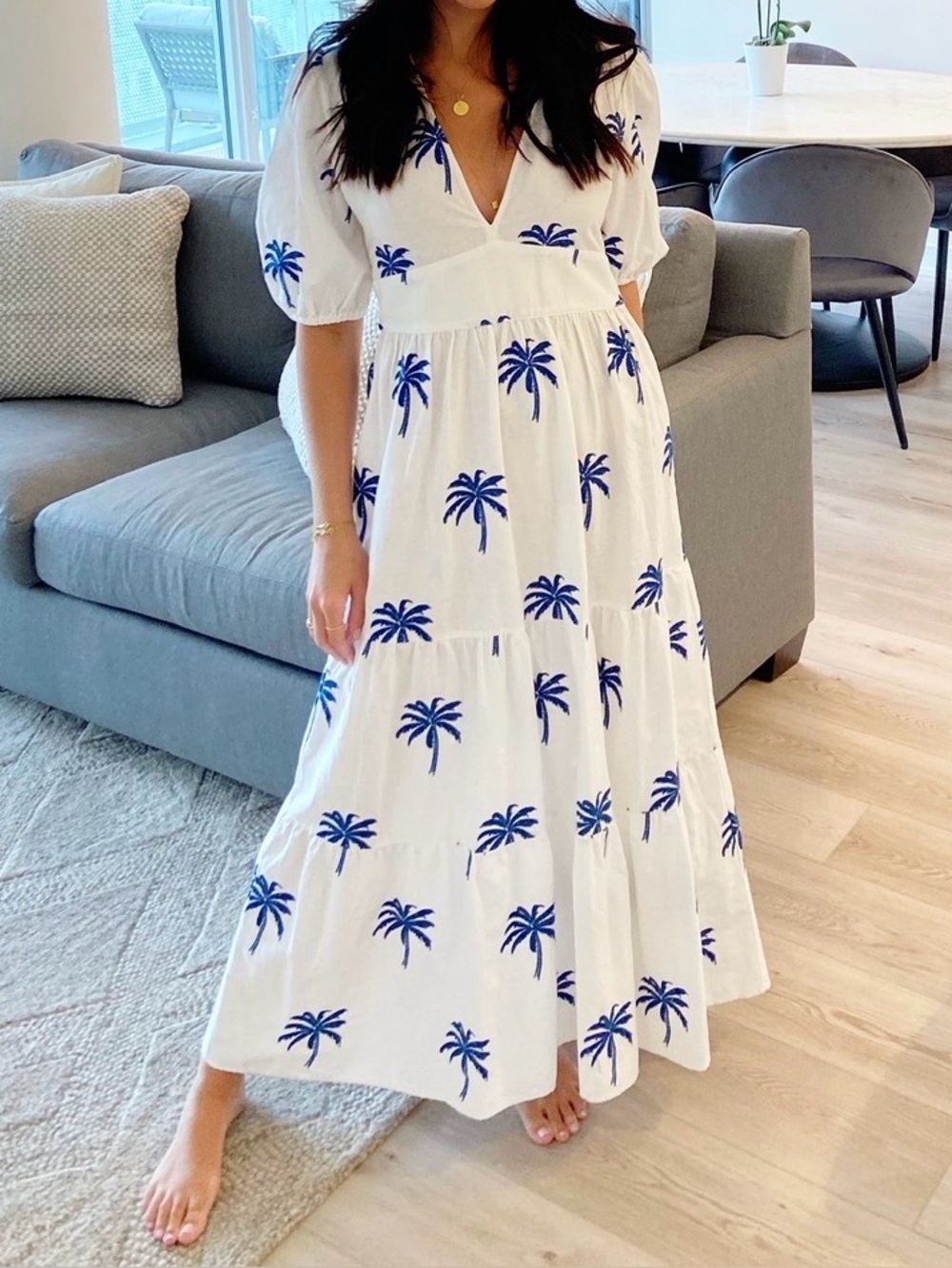 Zara White Midi Dress with Navy Palm Tree Print - S